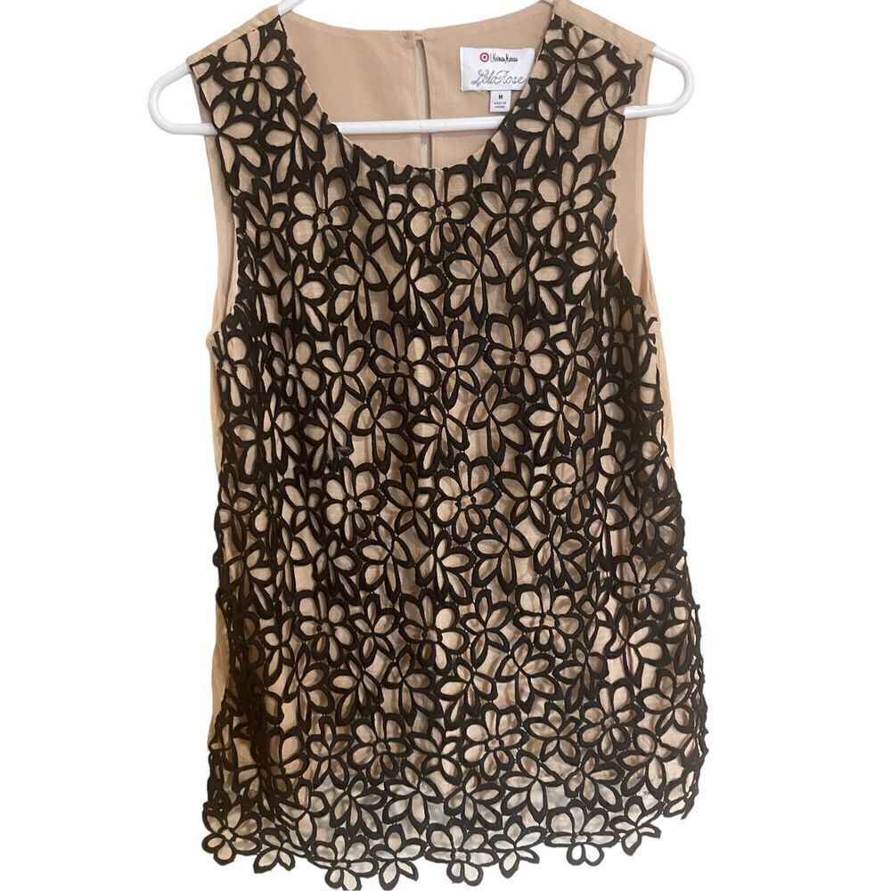 Lela Rose Target Sz MD Guipure Lace Top Black Floral Lace Overlay Beige Tan